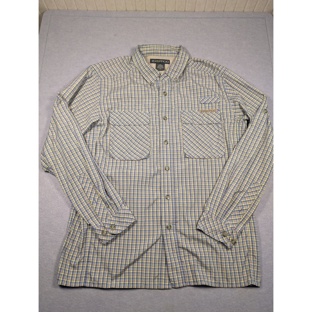 ExOfficio Button Down Shirt Mens M Blue Yellow Plaid Outdoor Vented Excellent